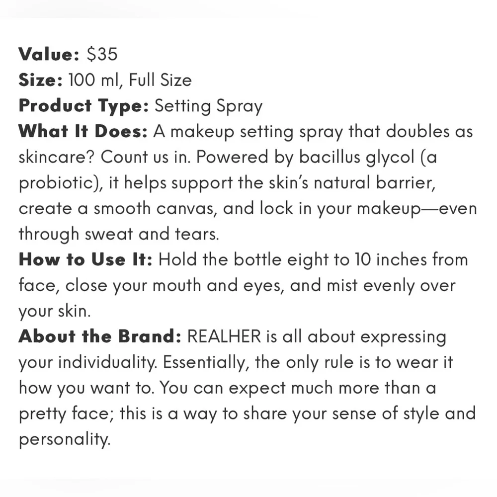 NEW REALHER Hold On To Your Dream Probiotic Setting Spray 100 mL Smoothing Skin